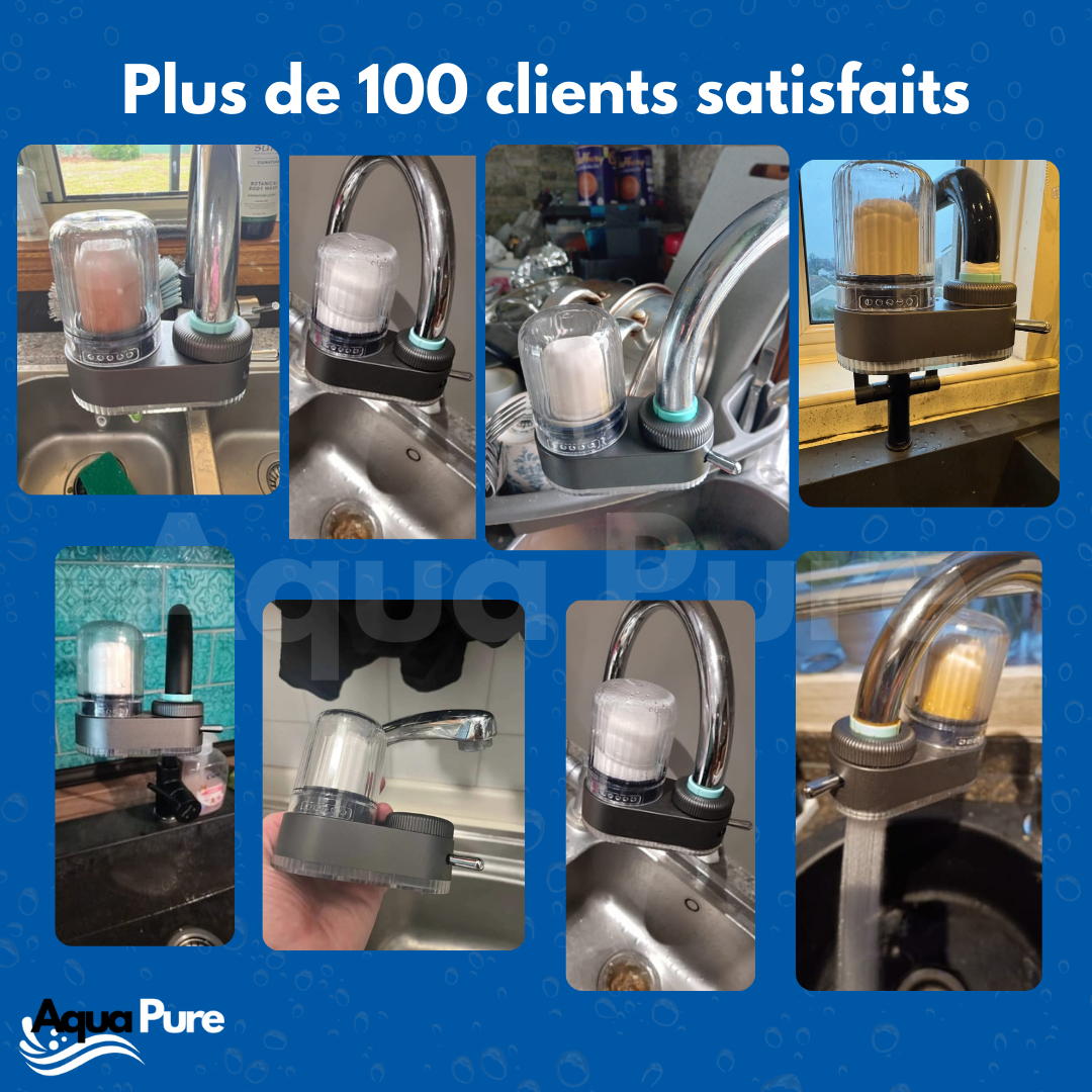 Filtre à eau Aquapure en action, offrant une eau pure pour la santé de votre famille et satisfaction de plus de 100 clients.