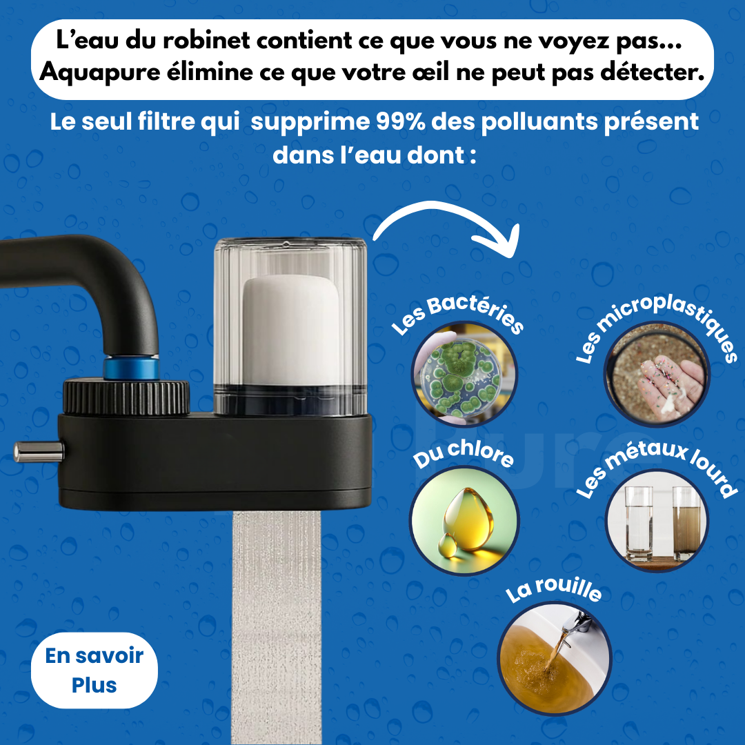 Filtre à eau Aquapure éliminant les polluants pour une eau pure, saine et sans impuretés pour toute la famille.