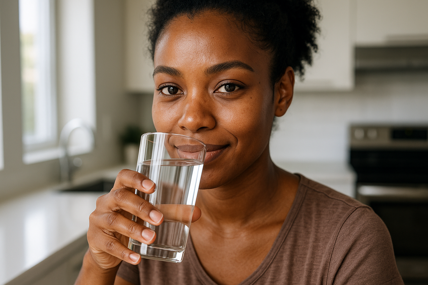 Agis comme un expert en photographie et en portrait, crée moi l'image ultra réaliste d'une femme ivoirienne noire clair de peau de 25 ans, buvant une eau pure dans un verre dans une cuisine.